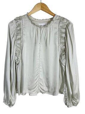 Dear John Light Gray Ruffle-Trim Long Sleeve Blouse Size Medium
